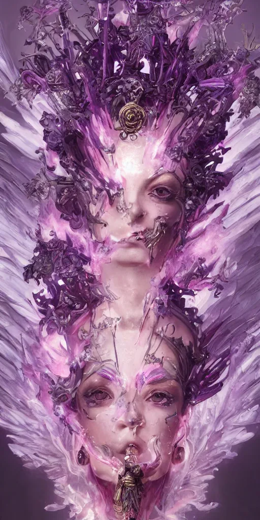 Image similar to female angel queen head wearing shiny pink crown, subtle purple accents, hyper details, black metal rococo, sculpted by Alex Alice, Craig Mullins, yoji shinkawa, trending on artstation, beautifully lit, Peter mohrbacher, hyper detailed, elite, elegant, luxury, ray of light through smoke, CGsociety, hypermaximalist, golden ratio, neofuture, volumetric, octane render, weta digital, micro details, 3d sculpture