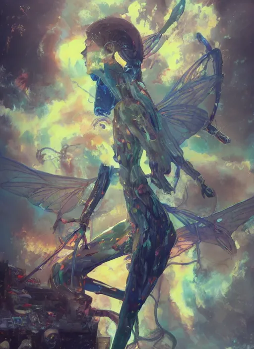 Prompt: surreal gouache painting, by yoshitaka amano, by ruan jia, by conrad roset, by good smile company, detailed anime 3d render of a Giant glowing dragonfly on a DJ mixer, portrait, cgsociety, artstation, rococo mechanical and eletronic, dieselpunk atmosphere