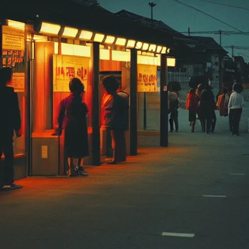 Prompt: a some people waiting in a lone bus stop in quiet dark city night in Spirited Away, high quality, high resolution,detailed