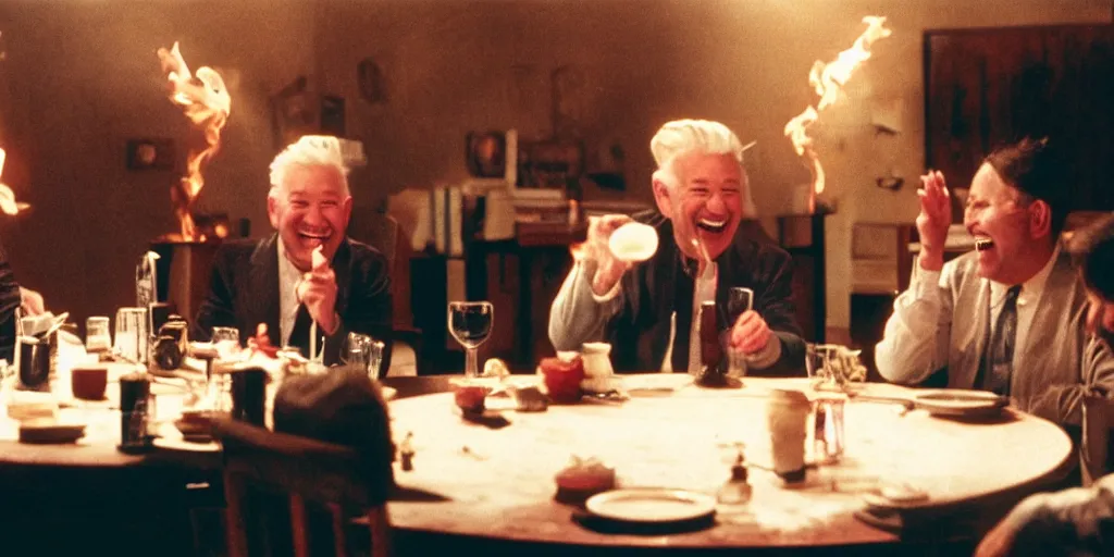 Prompt: film still of old men laughing!!!! sitting at a round table on fire!!!!!!!!!!!!!!!!!!!!!!!!!!!!!!!! and finger painting, directed by david lynch, backlighting