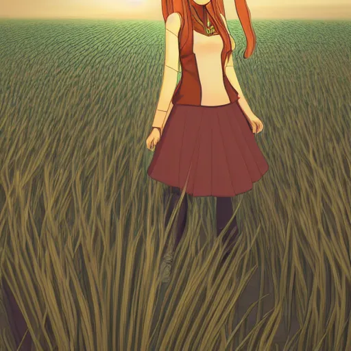 Image similar to digital illustration of Holo from Spice and Wolf standing in a wheat field at sunset, key visual