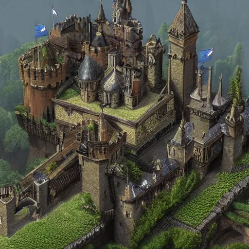 Prompt: a medievil castle set in the hills with a market below in the fields, realistic, hyperdetail,