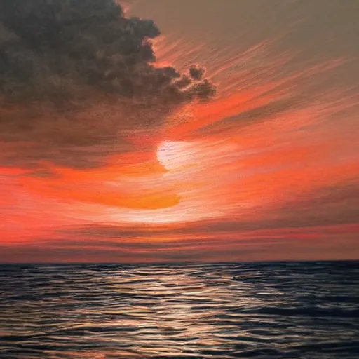 Image similar to sunset over the ocean, hyper realistic, beautiful, highly detailed, realism