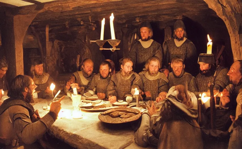Image similar to Medieval soldiers in a Tavern sitting around a big dinner table with candles in the shining by stanley kubrick, shot by 35mm film color photography