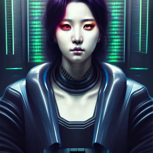 Image similar to portrait painting of a cyberpunk technician sunmi kpop, ultra realistic, concept art, intricate details, eerie, highly detailed, photorealistic, octane render, 8 k, unreal engine. art by artgerm and greg rutkowski and magali villeneuve and alphonse mucha