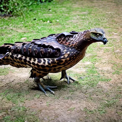 Prompt: hawk and crocodile mutant hybrid, bipedal, realistic picture taken in zoo