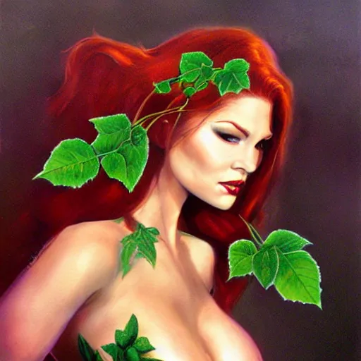 Image similar to poison ivy from batman, painting by Julie Bell