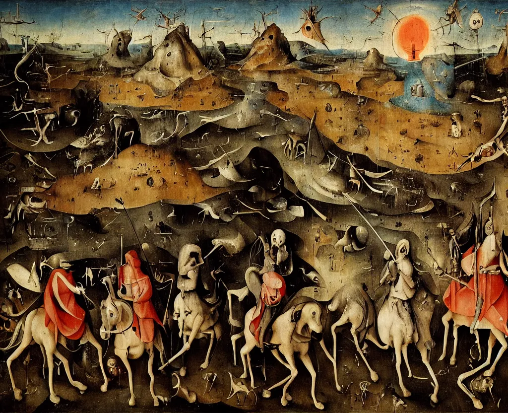 Prompt: the four horsemen of the modern apocalypse by hieronymus bosch