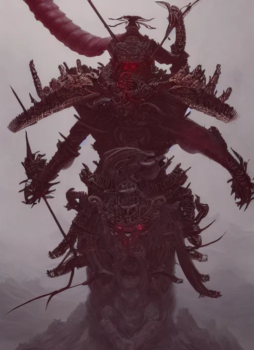 Image similar to Demon Samurai, in the style of Fenghua Zhong and Ruan Jia and Wayne Barlowe and Zdzislaw Beksinski and Giger, 8k, extremly detailed, stunning scene, raytracing, octane, trending on artstation