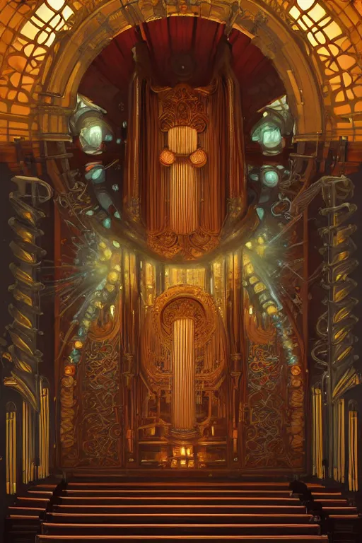 Prompt: painting of a pipe organ in front of a dimensional portal, decorated, intricate, dieselpunk, digital painting, artstation, concept art, smooth, sharp focus, illustration, art by artgerm and greg rutkowski and alphonse mucha, 8 k