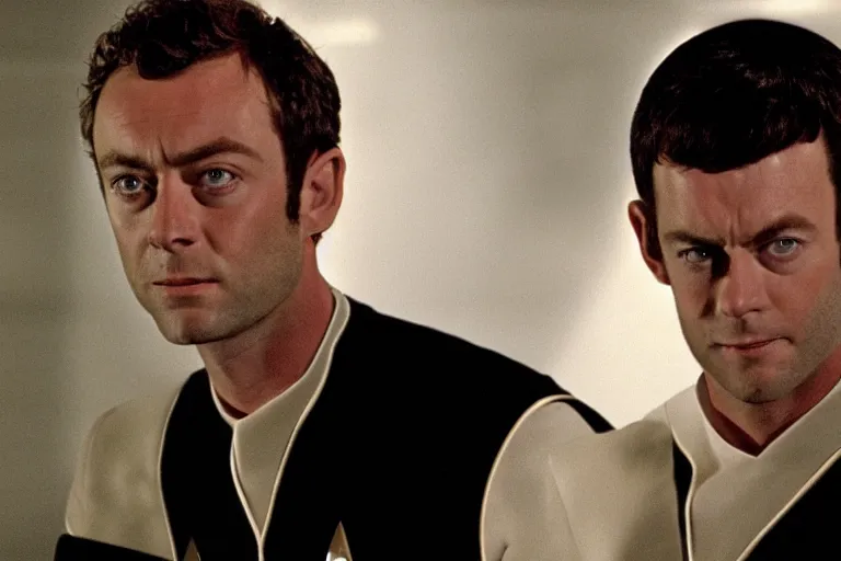 Image similar to A film still of Jude Law in a Star Trek: The Next Generation, sitting in Ten Forward, dramatic lighting