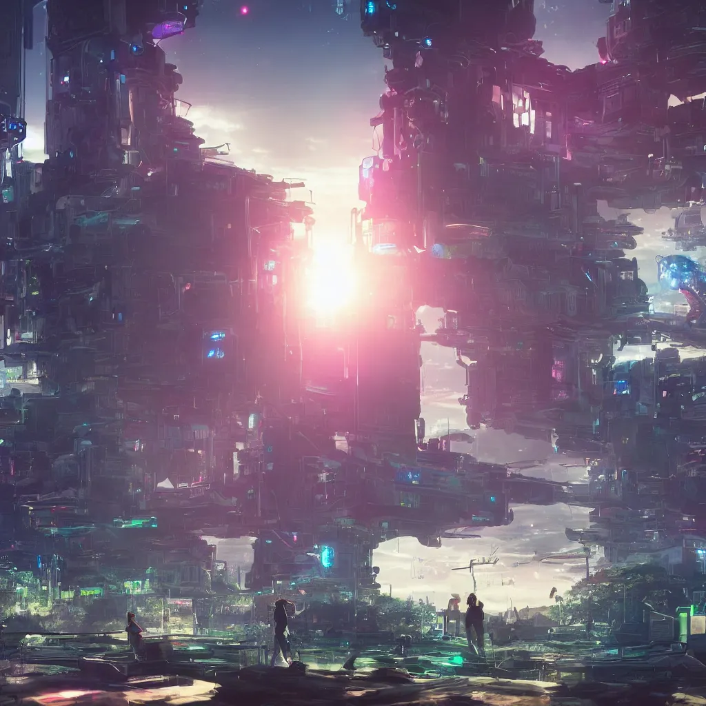 Prompt: a cinematic composition depicting : we're looking aside of a a translucid crystal android being, whos is behind their hud viewing out of their window how a high tech lush solarpunk tribe collaborating with their technologic android helpers encroaching on a distant cyberpunk world at sunrise