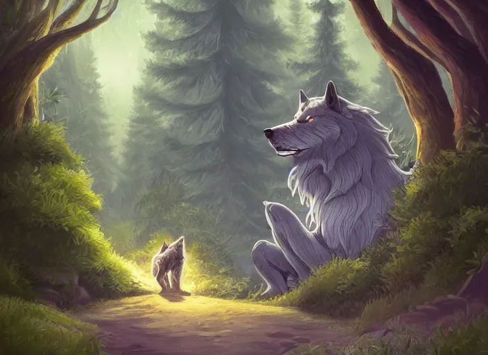 Prompt: a cartoonish wolf is lurking behind the bushes on a path leading to a mystical forest full of wonders, pine trees, magical atmosphere, trending on artstation, 30mm, by Noah Bradley trending on ArtStation, deviantart, high detail, stylized portrait H 704