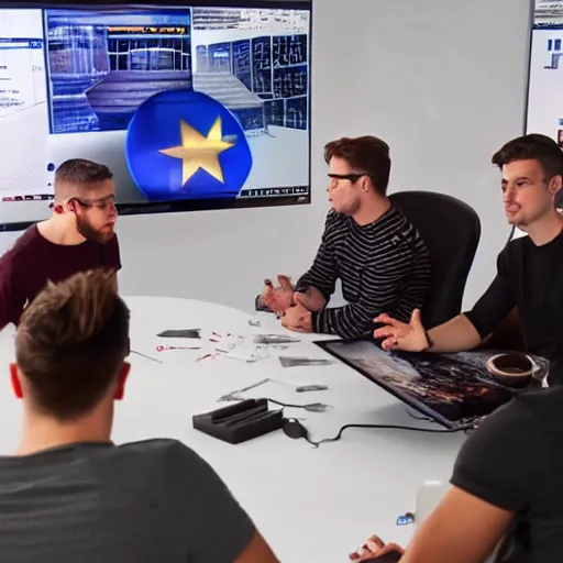 Prompt: group of european youtubers discussing how to become the biggest on the platform, octane render