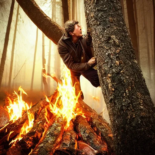 Prompt: extreme log shot, man vs wild, hugh grant, born survivor, face with beard, extreme, wide shot, sunset ligthing, forest and fear, worms, bonfire, art by karcz michal,