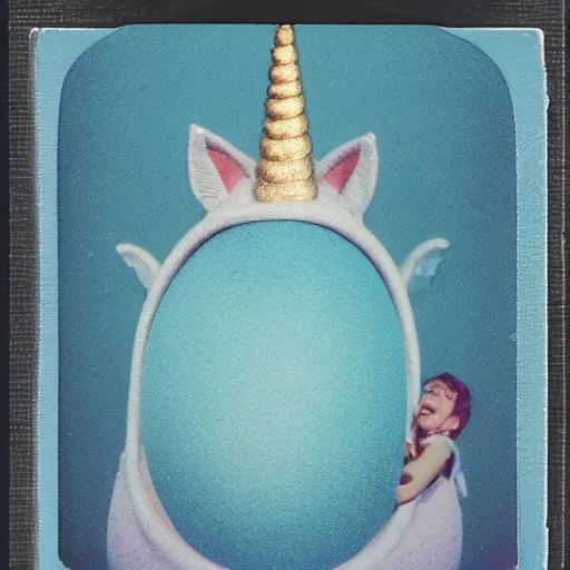 Prompt: by tony northrup mood, lavish robin egg blue, polaroid. a illustration of a pantomime unicorn onstage, surrounded by a group of children who are clapping & cheering. the unicorn is wearing a sparkly costume & has a long, flowing mane. its horn is glittering & its eyes are wide open.