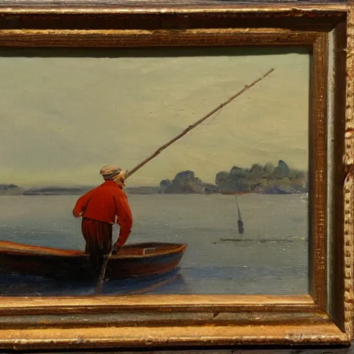 Prompt: old fisherman at work on his boat. early morning. late 1 9 th century. oil on canvas.