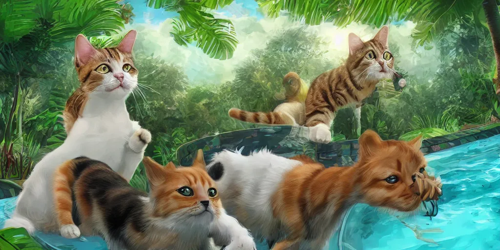 Image similar to cat and dog taking selfie in a swimming pool in the middle of the jungle, highly detailed, digital painting, artstation, concept art