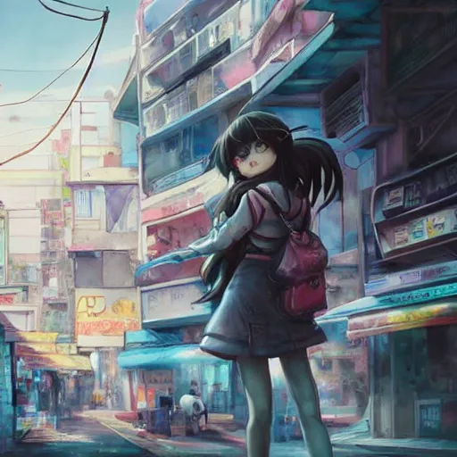 Image similar to dynamic composition, motion, ultra-detailed, incredibly detailed, a lot of details, amazing fine details and brush strokes, colorful and grayish palette, smooth, HD semirealistic anime CG concept art digital painting, watercolor oil painting of Clean and detailed post-cyberpunk sci-fi close-up schoolgirl in asian city in style of cytus and deemo, blue flame, relaxing, calm and mysterious vibes,, by a Chinese artist at ArtStation, by Huang Guangjian, Fenghua Zhong, Ruan Jia, Xin Jin and Wei Chang. Realistic artwork of a Chinese videogame, gradients, gentle an harmonic grayish colors. set in half-life 2, Matrix, GITS, Blade Runner, Neotokyo Source, Syndicate(2012), dynamic composition, beautiful with eerie vibes, very inspirational, very stylish, with gradients, surrealistic, dystopia, postapocalyptic vibes, depth of field, mist, rich cinematic atmosphere, perfect digital art, mystical journey in strange world