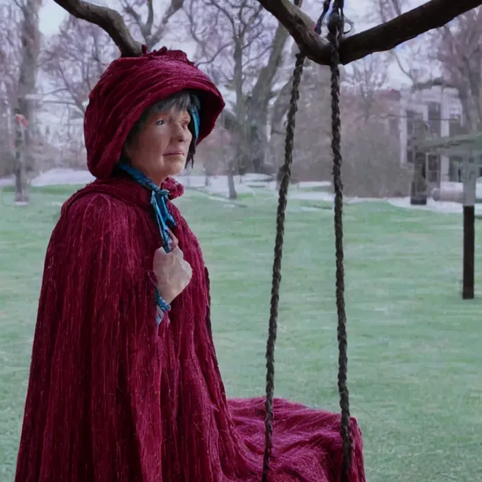 Prompt: a closeup portrait of a woman wearing a cloak made of ribbons, staring at an empty swing playground, claymation, movie still from the adventures of mark twain movie,
