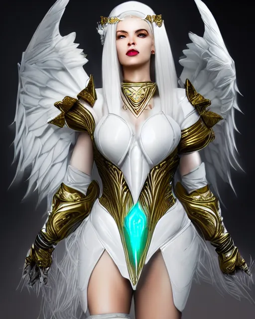 Prompt: attractive white haired egyptian queen wearing white dove wings, warframe armor, regal, attractive, ornate, sultry, sexy, beautiful, elize theron, pretty face, green eyes, scifi platform, 4 k, ultra realistic, epic lighting, illuminated, cinematic, black gold, art by akihito tsukushi, voidstar, artgerm