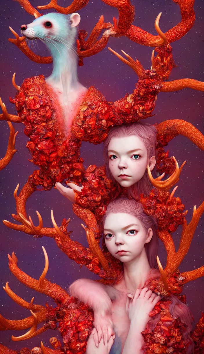 Prompt: hyper detailed 3d render like a Oil painting - kawaii full body portrait Aurora (a lithe beautiful ferret queen like skesis that looks like Anya Taylor-Joy with hooves and antlers) seen red carpet photoshoot in UVIVF posing in scaly dress to Eat of the Strangling network of yellowcake aerochrome and milky Fruit and His delicate Hands hold of gossamer polyp blossoms bring iridescent fungal flowers whose spores black the foolish stars by Jacek Yerka, Ilya Kuvshinov, Mariusz Lewandowski, Houdini algorithmic generative render, Abstract brush strokes, Masterpiece, Edward Hopper and James Gilleard, Zdzislaw Beksinski, Mark Ryden, Wolfgang Lettl, hints of Yayoi Kasuma, octane render, 8k