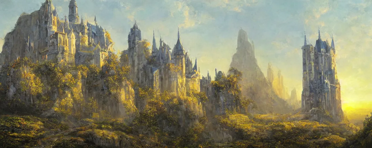 Prompt: white monastery with large tower upon sheer lime cliffs, a ray of sun illuminating, oil painting, high fantasy, extremely detailed