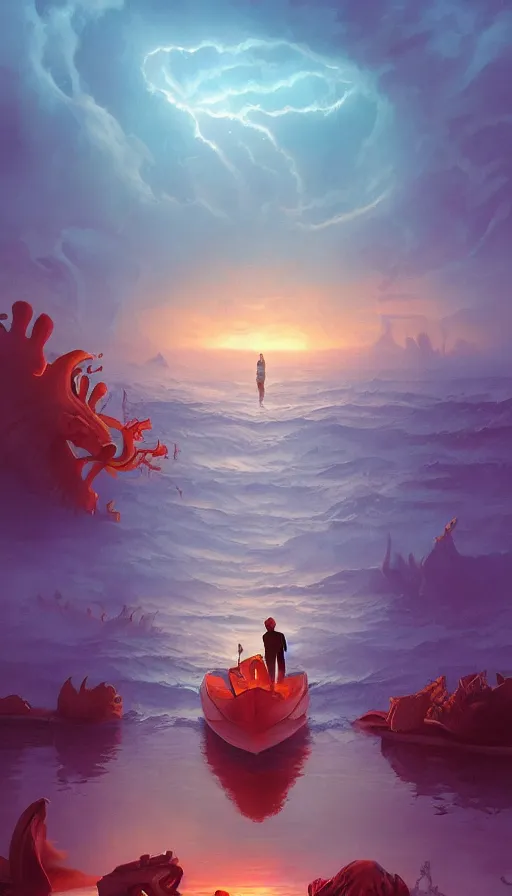 Image similar to man on boat crossing a body of water in hell with creatures in the water, sea of souls, by rhads