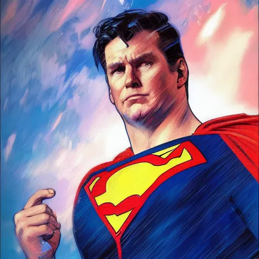 Image similar to donald trump as superman, detailed portrait, realism, 4 k, art by greg rutkowski, alphonse mucha, artistic, trending on artstation, beautiful mural