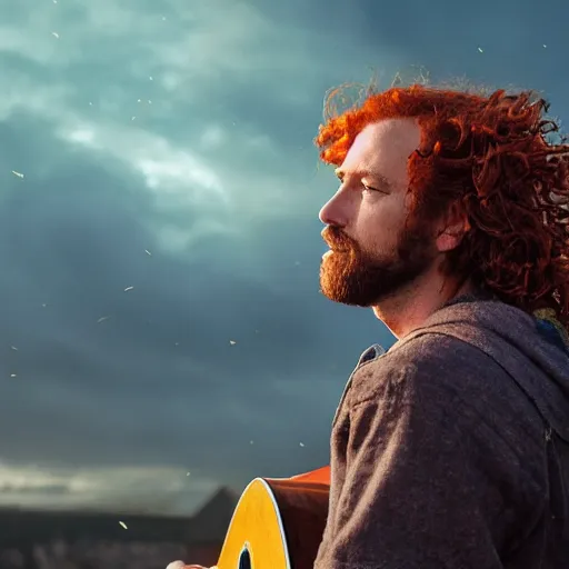 Image similar to side profile of a rugged man with curly red hair wearing a green cloak playing a guitar sitting on a roof top, medieval setting, atmospheric lighting, painted, intricate, volumetric lighting, beautiful, rich deep colours masterpiece, golden hour, sharp focus, ultra detailed, by leesha hannigan, ross tran, thierry doizon, kai carpenter, ignacio fernandez rios