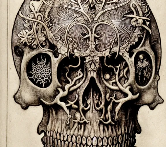 Image similar to memento mori by arthur rackham, art forms of nature by ernst haeckel, exquisitely detailed, art nouveau, gothic, ornately carved beautiful skull dominant, intricately carved antique bone, art nouveau botanicals, ornamental bone carvings, art forms of nature by ernst haeckel, horizontal symmetry, arthur rackham, ernst haeckel, symbolist, visionary