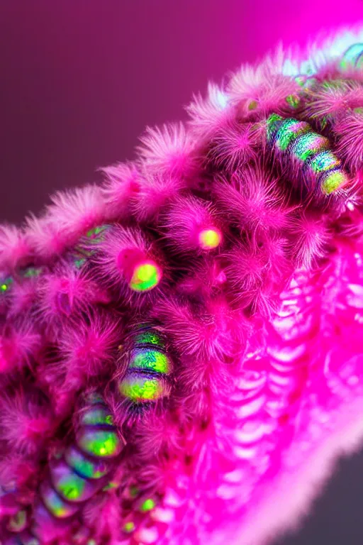 Image similar to high quality close-up photo pearlescent fluffy caterpillar! gorgeous highly detailed hannah yata elson peter cinematic pink lighting high quality low angle hd 8k sharp shallow depth of field