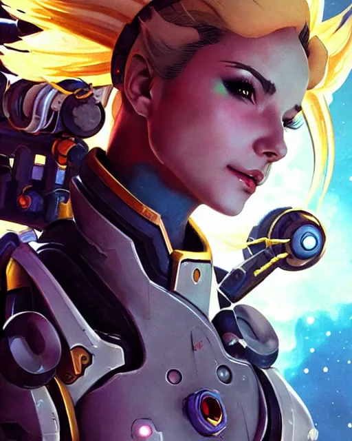 Prompt: mercy from overwatch, in space, character portrait, portrait, close up, concept art, intricate details, highly detailed, vintage sci - fi poster, retro future, vintage sci - fi art, vintage, in the style of chris foss, rodger dean, moebius, michael whelan, and gustave dore