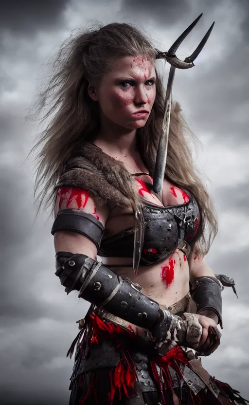 Prompt: photorealistic 3/4 photograph of beautiful female viking warrior, angry with big grey eyes, red tribal warpaint, Frank frazetta, arney freytag, octane, bokeh, 8k, action pose, bloody, cinematic, 28mm