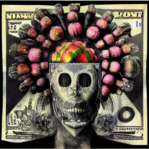 Image similar to post - punk new age album cover, asymmetrical design, dollar bank notes, capitalism, magic, apocalypse, psychedelic, black white pink, magic, giger h. r., giuseppe arcimboldo