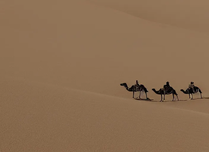 Image similar to a 2 8 mm macro tilt shift view of a camel caravan crossing sand dunes in the desert with the afternoon sun, photography, film, film grain, canon 5 0 mm, cinematic lighting, golden hour, sandstorm,