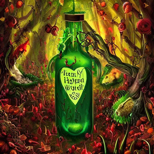 Image similar to Hell and heaven, captured in bottles, a heart full of envy, The Autumn Plague Gardener, the theme of Alice in Wonderland, digital painting, its softness partakes of fluidity, illustration, deep dark, artstation, intricate, biodiversity in a world of change and constancy, ue5, by deiv calviz and bossmonsterbani