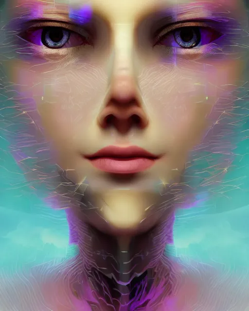 Image similar to a glitch art character portrait of female psychic a. i. manifesting into reality trending on artstation deviantart pinterest detailed realistic hd 8 k high resolution