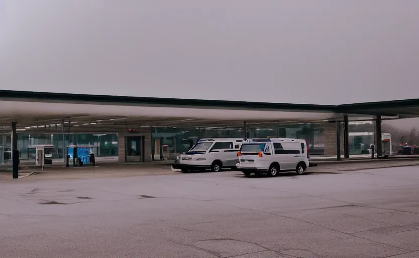 Image similar to exterior of the port byron travel plaza bus station in upstate buffalo new york, moody scene directed by charlie kaufman ( 2 0 0 1 ), anamorphic lenses, kodak color film stock, foggy volumetric light morning, cinematic trending on artstation