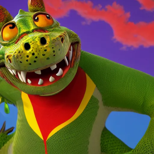 Image similar to 3 d render, anthropomorphic alligator, red scales on his back, yellow scale on his belly and chest, male, waring a hawaiian shirt, in the style of zootopia, hd, 4 k, high definition background