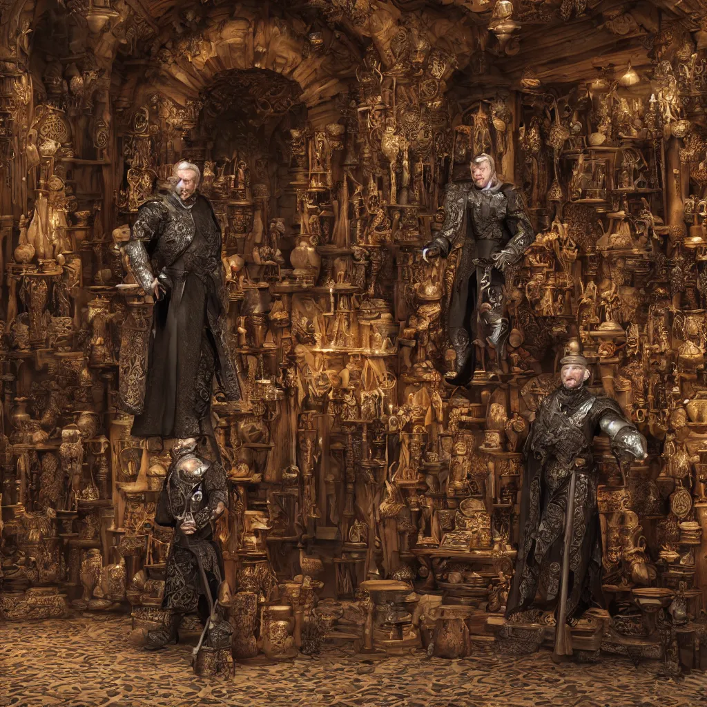 Prompt: full body portrait photo of Dennis hopper as a devious medieval lord in a giant medieval Shop, unreal engine, octane render, intricate details, 8k high definition, beauriful, ornate, hypermaximalistic