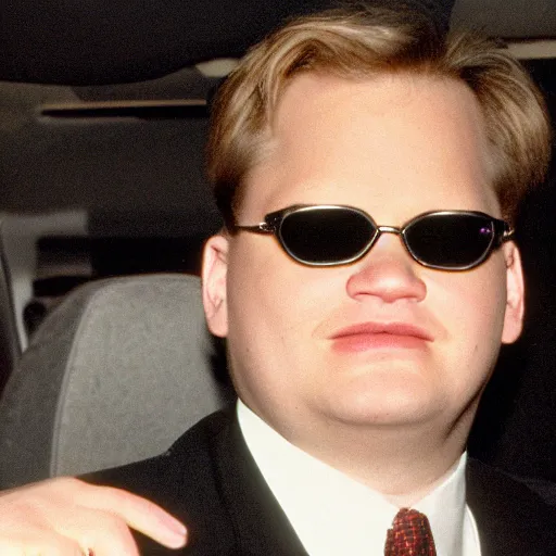 Prompt: 1 9 9 7 andy richter wearing a black wool coat and necktie in his car driving through the streets of chicago at night, wearing a pair of black sunglasses, city lights reflecting off of car and sunglasses