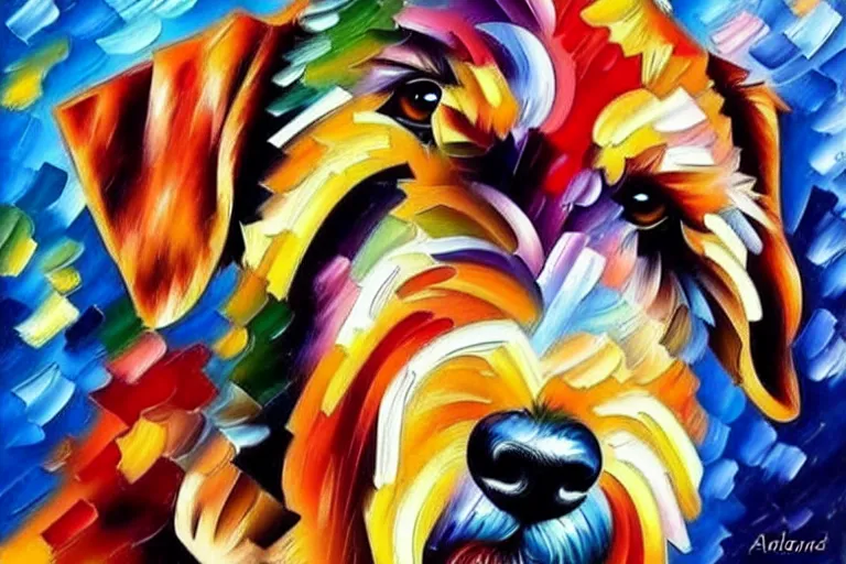 Image similar to portrait of airedale terrier. painting by leonid afremov