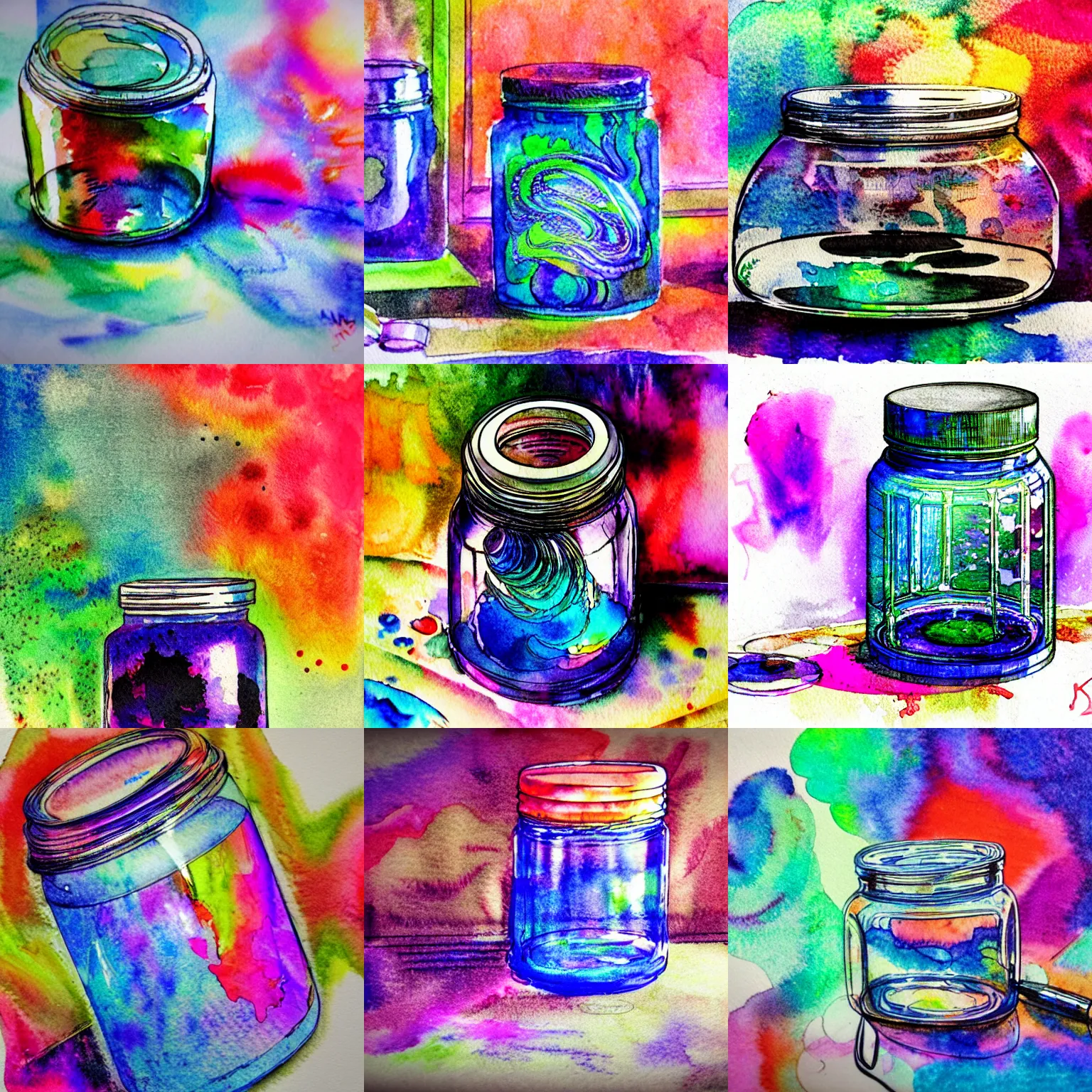 Prompt: sketch of technical pen and glass canning jar of swirling ink shimmering on a desk, dramatic afternoon lighting, spattered, intense psychedelic watercolor, heavy metal, tilt shift, by moebius