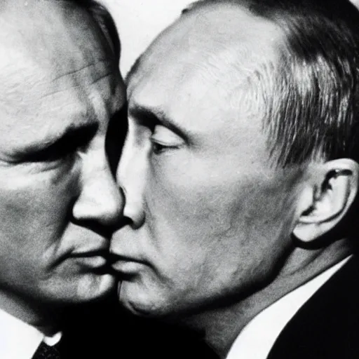 Prompt: vladimir putin kissing zelinsky with a nuclear explosion in the background