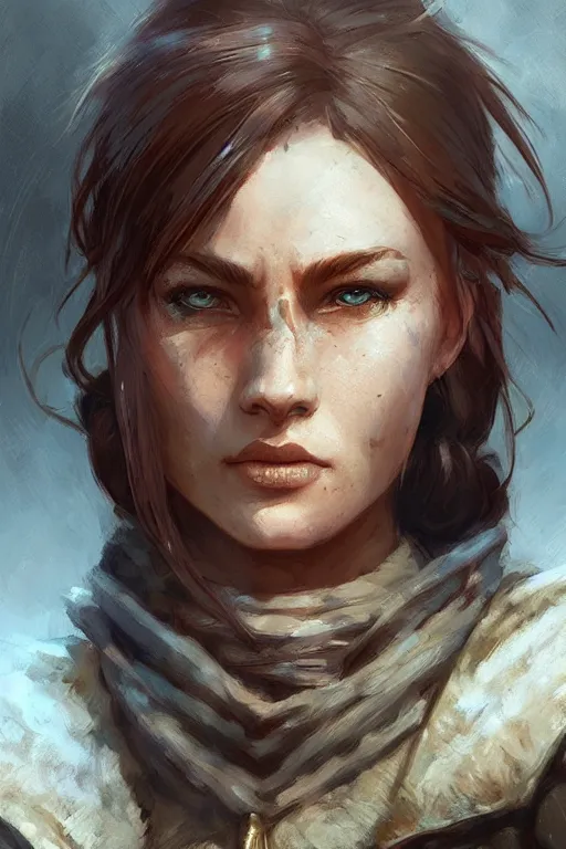 Image similar to the elder scrolls vi, charismatic rugged female nord warrior portrait, illustration, highly saturated colors, rim light, top light, perfectly shaded, soft painting, art by charlie bowater