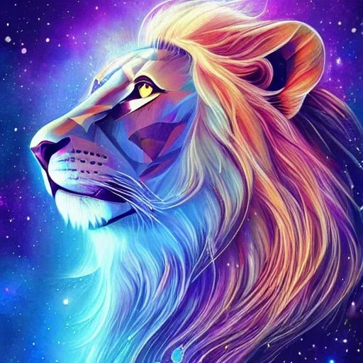 Image similar to geometric lion with galaxy eyes in space, nebula in the background, intricate, elegant, highly detailed, digital painting, artstation, concept art, smooth, sharp focus, illustration, art by artgerm