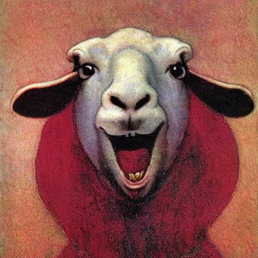 Prompt: A sheep with red whool an pointy vampire teeth by Annie Swynnerton and Nicholas Roerich and jean delville, strong dramatic cinematic lighting, smooth, sharp focus, extremely detailed