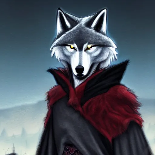 Prompt: an anthropomorphic wolf in a black doublet looking out over the hills, red eyes, artstation hq, stylized, sharp focus, concept art, furaffinity fursona, furry, anthropomorphic, digital art by ayami kojima