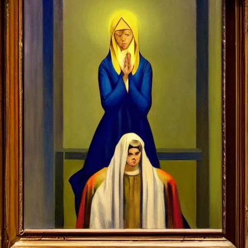 Prompt: Our Lady of Sorrow, painting by Edward Hopper (1967, oil and gold foil on wood), British Museum